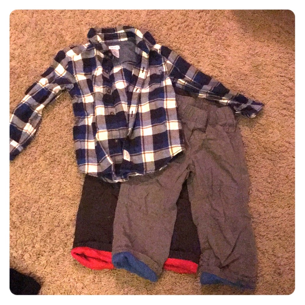 Two pairs of pants and plaid shirt - boys - 3T
